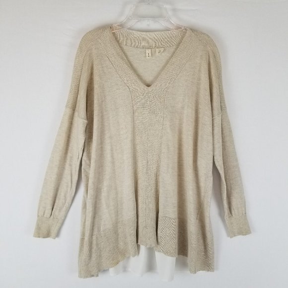 Moth Anthropologie Cream & White Knit Vneck Loose Sweater Chiffon Back sz XS - Picture 2 of 6